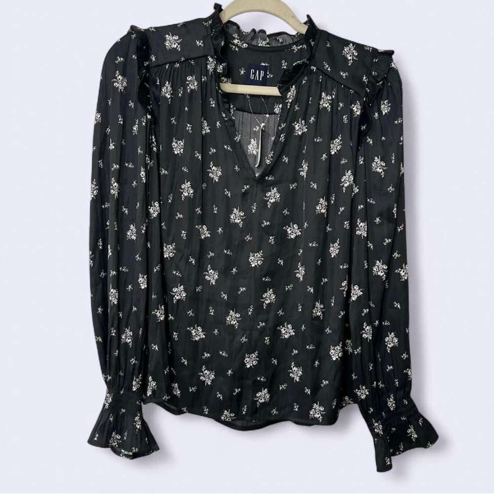 GAP Satin Floral Blouse Black Navy White Ruffle Shoulder Top XS NWT
